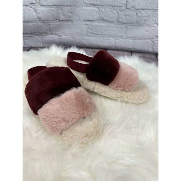 Jenni Intimates Women’s Slippers Faux Fur Striped Slides Pink, Cream & Burgundy - Picture 3 of 6